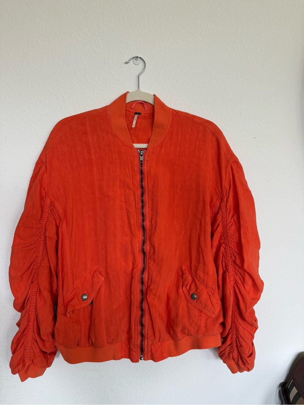 Free People Orange Ruched Sleeve Linen Blend Bomber Jacket XS